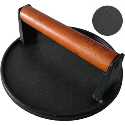 Firsgrill Burger Press 7.08 Round & 8.3”X4.3”Rectangle Heavy-Duty Cast Iron Smash Meat Steak with Wood Handle for Blackstone Camp Chef Pitboss Weber Treager Griddle (Round & Rectangle w Flat Bottom)