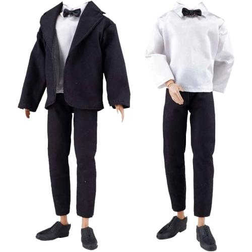 E-TING 10-Item Fantastic Pack = 1 Black-tie Suit with a Shirt Set   3 Sets of Casual Wear Clothes Outfit   1 pc Swim Trunks  5 Pairs Shoes for 12inches boy Doll Random Style