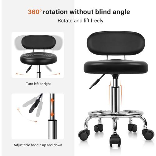 KKTONER PU Leather Modern Rolling Stool with Low Back Height Adjustable Work Salon Drafting Swivel Task Chair with Footrest (Black)
