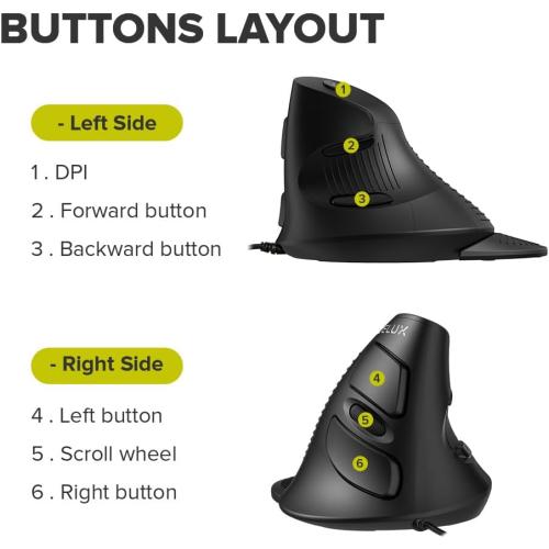 DeLUX Wired Vertical Ergonomic Mouse, with 6 Programmable Buttons, 4200DPI, Removable Palm Rest, Reduces Wrist Pain and Carpal Tunnel for Medium Hands (M618XU-Black)