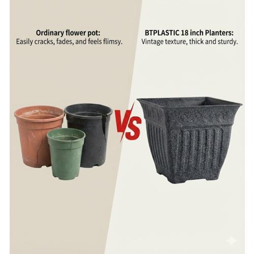 18'' Large Square Planter for Plants - 4 Pack Imitation Cement Plastic Flower Pots with Drainage Holes & 2cm Raised Base, 14 Gal Decorative Stone Like Garden Pot, Retro Plant Container