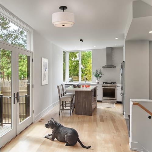 12.6inch Flush Mount Ceiling Light Fixture,3-Light Modern Close to Ceiling Light with 2-Layer Linen Fabric Shade,Farmhouse Drum Ceiling Mount Lamp for Bedroom Hallway Living Room