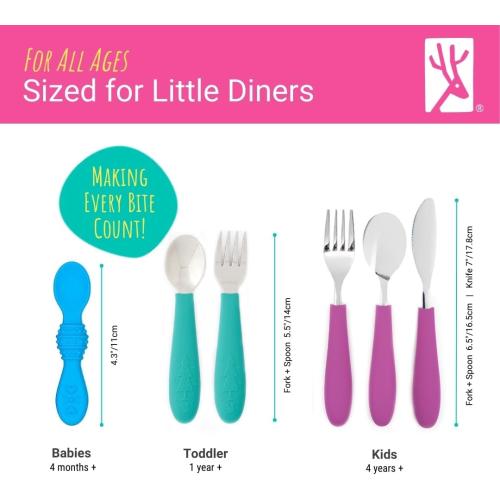 Blue Orange and Green 6 Pc Set Elk and Friends Kids Silverware with Silicone Handle | Childrens Safe Flatware | Toddler Utensils | Baby Spoons   Forks | Stainless Steel Cutlery