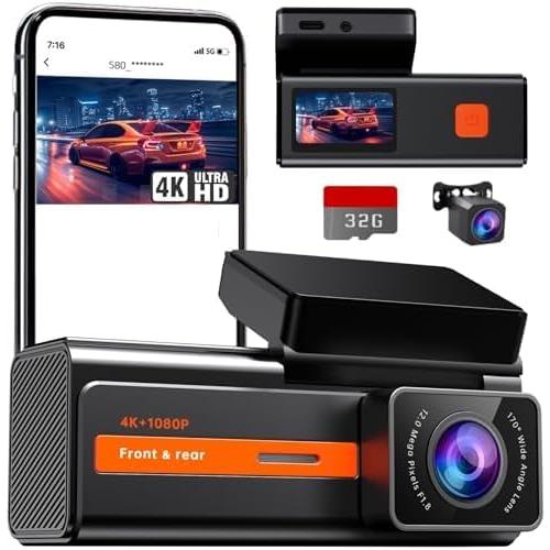 Dash Cam Front and Rear, 4k 1080P Dual Dash Camera for Cars, 1.5” WiFi Mini Dashcam with App, 170°Wide Angle Car Camera, Night Vision, 24H Parking Mode, 32GB Card Included, G-Sensor, Support 256GB Max