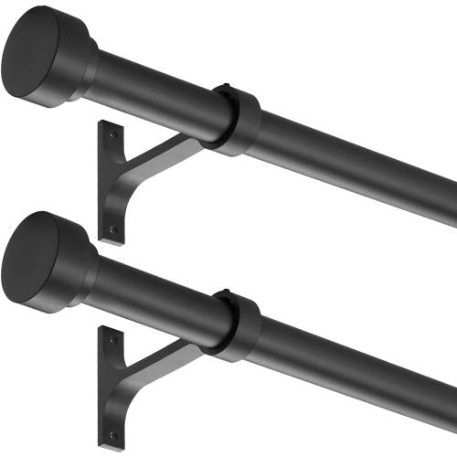 2 Pack Heavy Duty 1 Inch Diameter Single Curtain Rods 36-72” Adjustable Window Curtain Rod with Aluminum Alloy Cylindrical Cap Finials, Wall Mount and Ceiling Mount, Matte Black