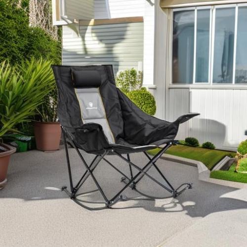 Dowinx Oversized Rocking Camping Chair, Fully Padded Patio Chair with Side Pocket and Carry Bag, High Back Portable Lawn Recliner with Headrest, Support 300 lbs, Black