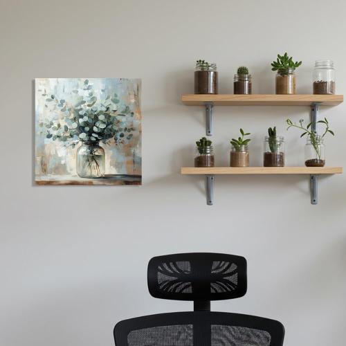 Serene Eucalyptus Wall Art - 12x12 Framed Sage Green Canvas with Mason Jar Botanical Design, Farmhouse Decor for Bathroom, Bedroom & Kitchen - Ready to Hang Calming Nature Print in Earth Tones