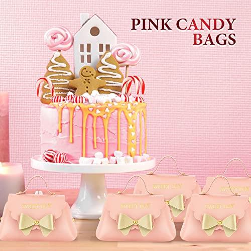 Dandat 24 Pcs PU Leather Bowknot Gift Boxes 5x3 Inch Reusable Candy Favor Bags with Handles, Elegant Mini Handbag Purse for Wedding, Birthday, Party Favors(Pink)