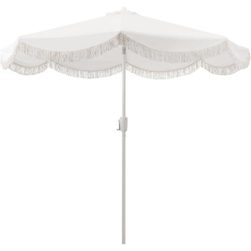 Tempera 9ft Auto Tilt Scalloped Patio Umbrella with Fringe(White) | Outdoor Table Umbrella, Fade Resistant Canopy, 8 Sturdy Ribs, Luxurious Vintage, For Lawn, Pool, Deck, Balcony