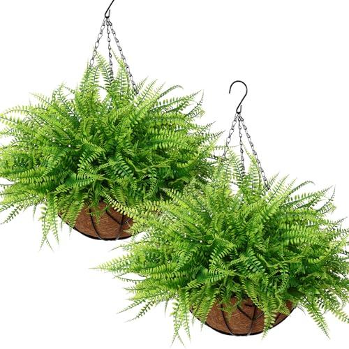 KHOYIME Artificial Hanging Plants with Basket 2PCS Fake Boston Fern Baskets, Outdoor Faux Greenery Stems Hanging Decor UV Resistant Indoor Outside Decorations for Home Garden Porch Balcony Patio Yard