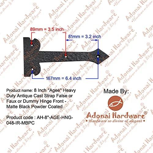 Adonai Hardware 8 Inch ''Agee'' Heavy Duty Antique Cast Strap False or Faux or Dummy Hinge Front (8 Pack, Matte Black) for Vintage Barn Doors, Gates, Furniture, Garage, Shutters and Fences