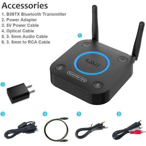 1Mii B06TX Bluetooth 5.2 Transmitter for TV to Wireless Headphone/Speaker, Bluetooth Adapter for TV w/Volume Control, AUX/RCA/Optical/Coaxial Audio Inputs, Plug n Play, aptX Low Latency & HD