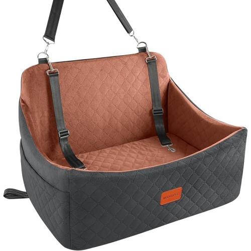 Wooaidagg Dog Car Seat for Medium & Large Dogs Up to 55lbs, Memory Foam Cushion, Washable Cover, Safety Straps & Non-Slip Bottom(Black/Brown,Large)