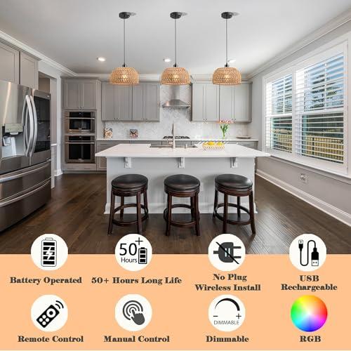 Tan 2 Pack Battery Operated Pendant Light with Remote,Battery Hanging Light Rattan Woven Chandelier No Wiring Needed,Rechargeable Light Bulb 50 Hours Continue Use,Perfect for Kitchen Islands Ceiling Lighting