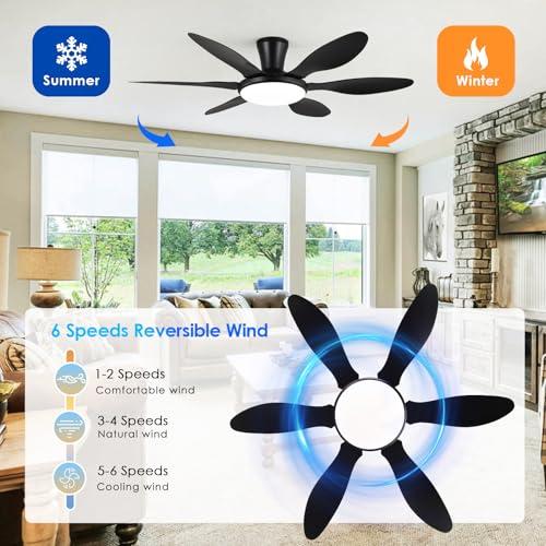 Ceiling Fans with Lights, 51 inch Modern Black Low Profile Ceiling Fan with Light and Remote App Control, Flush Mount, Quiet DC Reversible, Dim Led Ceiling Fan 6 Blade Softer Wind Indoor/Outdoor Patio