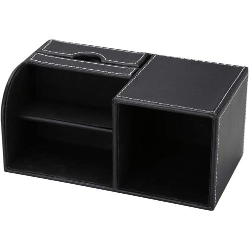 KINGFOM Desk Organizer Office Supplies Caddy Pu Leather Multi-function Storage Box Pen/Pencil,Cell phone, Business Name Cards Remote Control Holder with Small Drawer Black