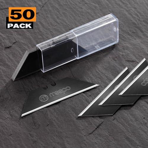 M MEEPO Utility Knife Blades, Never Rust, Blackened SK-5 Steel, 50-Pack | High strength blackened Blades, 5X sharper and durable，Storaged in hard plastic case, Standard size
