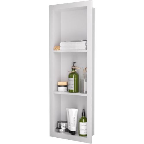Stainless Steel Shower Niche 12 x 36, 3-Layer Wall Mounted No Tile Needed, Recessed Shower Niche with Hollow Partition, Shower Niches Shelf for Bathroom Organizer, White