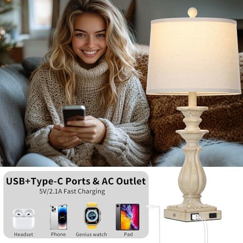 28 Farmhouse Table Lamps Set of 2 for Living Room, 3 Way Dimmable Bedside Lamp with USB C A Ports & AC Outlet, Resin Vintage Tall Nightstand Lamps for Bedroom Office Hallway, Beige