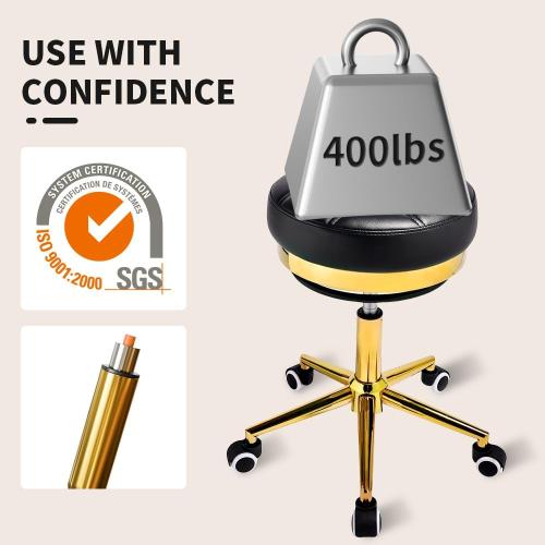 Heavy Duty Gold Rolling Stool - 400 lbs weight capacity,Thickened version cushion,360°adjustable stool with wheels,PU leather with gold rings,swivel stool suitable for hairdressers,bedrooms,spa