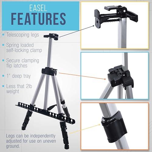 U.S. Art Supply 66 Silver Metal Tripod Easel Display, 2-Pack | Adjustable from 18to 5.5', Holds 36 Canvas - Floor/Tabletop Easel Stand, For Sign Display, Painting, Poster Board, Canvas