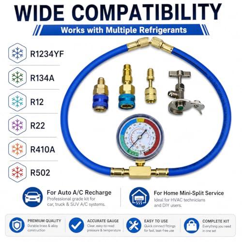 R1234YF Refrigerant Recharge Kit with Gauge – 1234YF Refrigerant & R134A AC Recharge Kits, with R-1234YF r134a Recharge Kit Self-Piercing Can Tap, Low-Side Quick Coupler, R410A Adapter for Auto AC