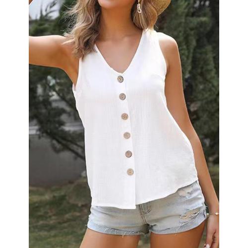 IDEALSANXUN Linen Tank Tops for Women Spring Summer Sleeveless V Neck Vest Casual Lightweight Button Down Shirt Blouse size xs
