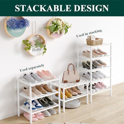 Smiry Bamboo Shoe Rack, 5 Horizontal Slats, 2 Tier - 17.3 Wide, White