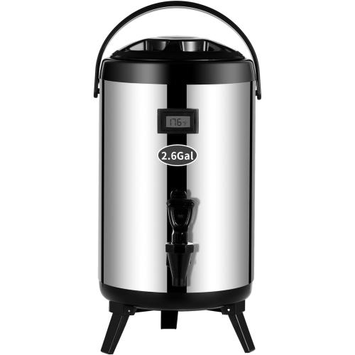 Insulated Beverage Dispenser,AGKTER,Stainless Steel Cold and Hot Water Dispenser with Thermometer-Spigot for Hot Tea & Coffee, Cold Milk, Water, Juice (2.6Gal, Sliver)