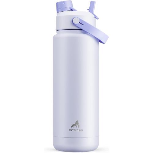 POWCAN 32 oz Insulated Water Bottle with 2-in-1 Straw and Spout Lid, Keep Cold 24H, Leak-Proof, BPA-Free, Double Wall Stainless Steel Water Bottle for Sports, Gym, Travel, and School (Lupine)