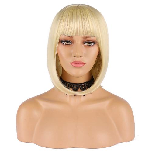 eNilecor Short Light Blonde Bob Wigs 12 Straight with Bangs Synthetic Colorful Cosplay Daily Party Wig for Women Natural As Real Hair  Free Wig Cap (Light Blonde)