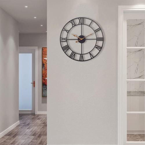 Size Large Color Black Industrial Wall Clock with Roman Numerals, Indoor Silent Non-Ticking Retro Clock, Vintage Metal Decorative Black Metal Art Clock Battery Operated for Home Kitchen Cafe Hotel Office Decor,1