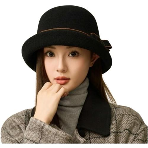 Women Vintage Felt Cloche Hats Winter Fall Solid Fedora Bucket Caps Elegant Bowler Hat Bowknot