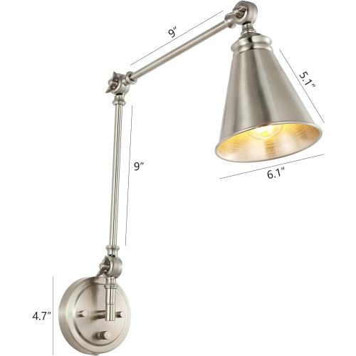 Vintage Industrial Swing Arm Wall Lamp   Adjustable Head, Plug in/Wall Mount   Cord Covers, Brushed Nickel Finish, 2-Pack .Suitable for Living Dining Bedroom (Brushed Nickel)