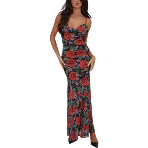 Women Y2K Floral V Neck Maxi Dress Sexy Sleeveless Lace Patchwork Long Dress Backless Flowy Beach Sundress