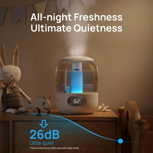 DREO Humidifiers for Bedroom, 3L Top Fill 30H & 26dB Quiet Runtime for Large Room, Cool Mist Ultrasonic Humidifier with Humidity Sensor, Night Light for Home, Baby, Nursery, Plants, New Edition