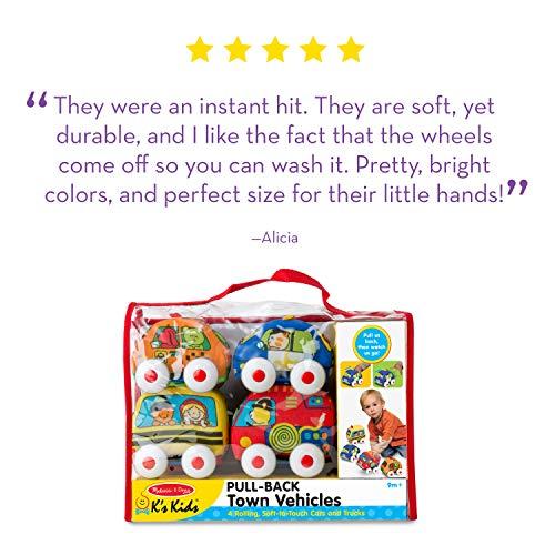 Melissa & Doug K's Kids Pull-Back Town Vehicle Set - Baby Toys Set with 4 Soft Toy Cars and Trucks, Surface Washable with Removable Wheels, Learning Toys for Babies and Toddlers