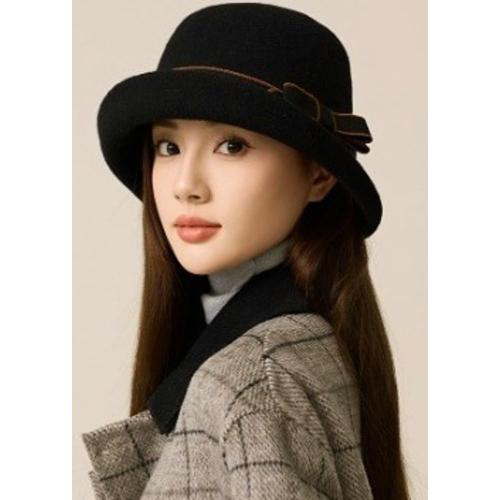 Women Vintage Felt Cloche Hats Winter Fall Solid Fedora Bucket Caps Elegant Bowler Hat Bowknot