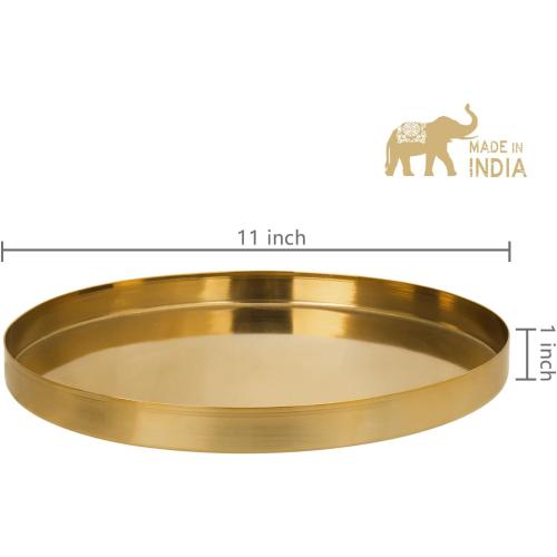 MyGift Brushed Brass Metal Decorative Tray, 11 inch Round Serving Tray - Handcrafted in India
