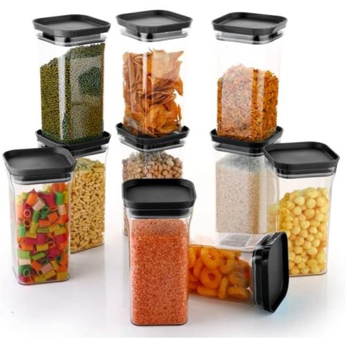 Set of 10  Unbreakable Air Tight Kitchen Storage Container for Rice | Dal | Atta, BPA-free, Flour | Cereals | Snacks | Stackable | Modular, 1100 Ml Set 10 (Black)