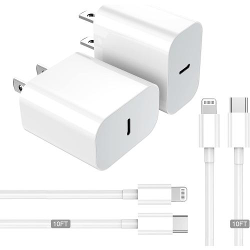 RPQ iPhone Fast Charger 2- Pack USB C Power Adapter with 1 PCS CABLE 10ft Long C to Lightning Cable 【 MFI Certified 】 with Fast Charging Capability for iPhone14/13/12/11/X/Xr/Pro max/Plu (White)