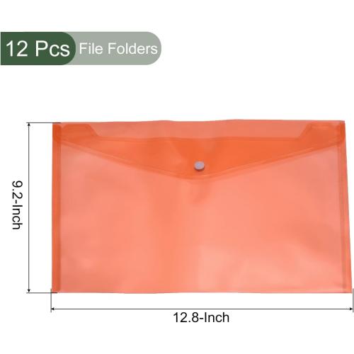 YOKIVE 12 Pack File Folders, Clear A4 Files Envelope | Plastic Document Pockets with Snap Button, Great for Office(Orange)