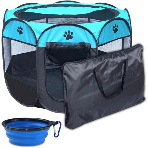 Foldable Pet Playpen, Portable Octagon Puppy Playpen Indoor/Outdoor, Exercise Kennel Dog/Cat/Rabbit Tent   Free Carrying Case   Travel Bowl (Blue Black, L)