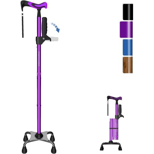 KingPavonini Walking Cane for Women/Men with Second Handle, Foldable & Adjustable Quad Cane with 4-Pronged Base for Standing, Lightweight Walking Aid for Seniors & Adults