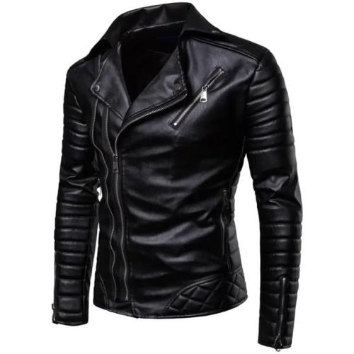 Fitshop Motorcycle Bomber  faux Leather Jacket Men Autumn Turn Down Fur Collar Cafe Racer Black Leather Jacket medium