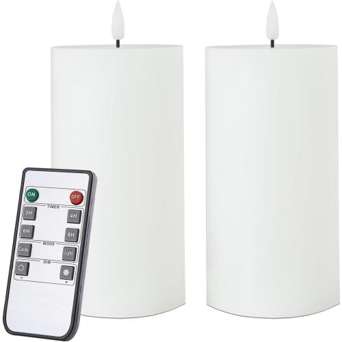 volnyus White Flameless Candles Set of 2 (3x6 inch) Flickering LED Wax Candles Battery Operated with Remote Control Timers for Night Light/Fireplace/Party Dimmable Pillar Candles Flat top
