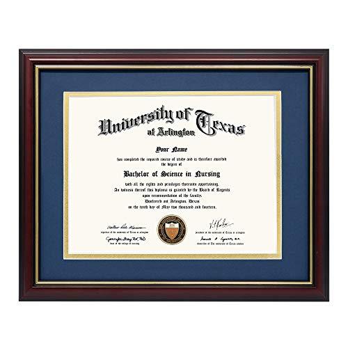 GraduationMall 8.5x11 Diploma Frame with Navy over Gold Mat or Display 11x14 Certificate without Mat,Solid Wood & UV Protection Acrylic,Cherry Finish with Gold Trim