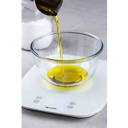 Taylor Pro Digital Kitchen Food Scales, Compact Professional Standard with Precision Accuracy and Waterproof Design with Tare Feature, White Glass, Weighs 14 kg/14 L Capacity