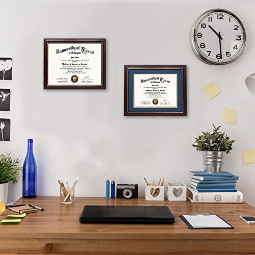 GraduationMall 8.5x11 Diploma Frame with Navy over Gold Mat or Display 11x14 Certificate without Mat,Solid Wood & UV Protection Acrylic,Cherry Finish with Gold Trim