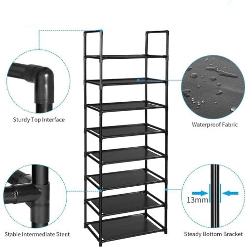 Color Black 8-tier Modern Stackable Shoe Rack for front door entrance, Expandable & Adjustable Fabric Shelves shoe Storage Organizer, Black shoe storage cabinet, shoe organizer